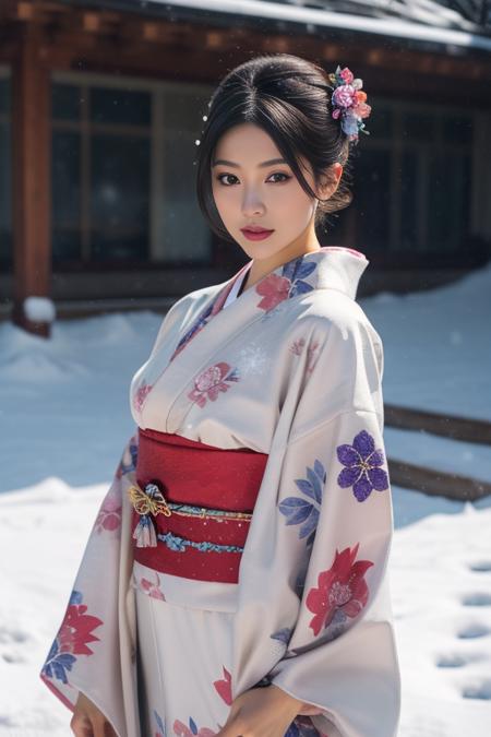 ultra-detailed,highly detailed,best quality,masterpiece,illustration,realistic,
1girl,  solo, upper body, 
kimono,japanese clothes,obi, sash, floral print, traditional media, obijime, 
hair ornament, hair flower, single hair bun, short hair, hair up,eyelashes, 
snow,snowing, flower, winter, wind,dark,snowstorm, 
painting \(medium\),
 <lora:kimono_v1_03:0.7>