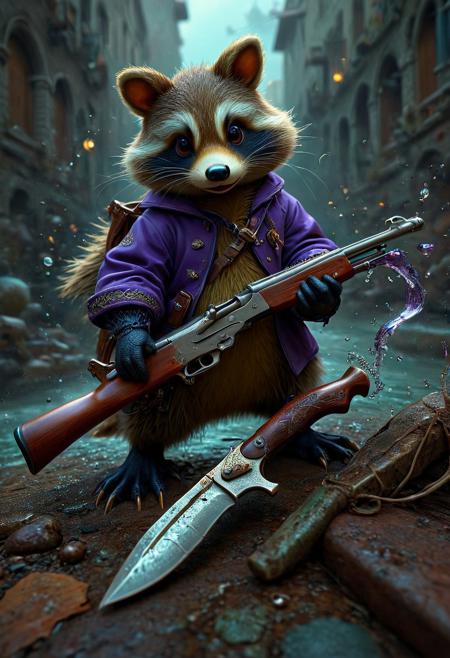 A menacing scene of a duck wielding a bloody knife and a raccoon with a gun is portrayed in this masterpiece of dark fantasy concept art. This captivating 8k resolution image is the work of the talented artist, Greg Rutkowski. The dynamic and hyper-detailed scene is richly adorned with intricately detailed elements, making it a splash screen art piece that is trending on Artstation. The deep color palette, featuring purple and yellow complementary colors, is reminiscent of the styles of Alphonse Mucha and Jordan Grimmer. The Unreal Engine enhances the volumetric lighting, adding depth and dimension to this striking and memorable piece.