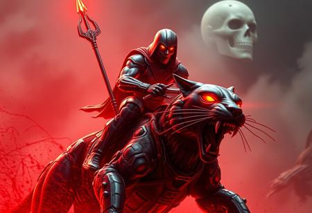Generate a movie still of Cyborg He-Man riding Zombie Battle Cat, with a blood aura surrounded by a red light, showcasing intricate details. The image should resemble the style of Mac Conner, with a mix of art styles similar to Artgerm and a touch of realism akin to Leonardo DiCaprio's film appearances. The artwork should be of high quality, 8K resolution, and lifelike, with a focus on spicy and intimidating visuals. The overall aesthetic should convey carnage and the sense of an apex predator. Consider the official details found on Amiami and trending art styles on Artstation for inspiration.