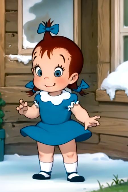 laudrey, 1girl, dress, solo, brown hair, bow, hair bow, blue dress, child, smile, short sleeves, socks, shoes, short hair, twin braids, puffy sleeves ,looking at viewer, standing,   <lora:Audrey-000008:0.7>