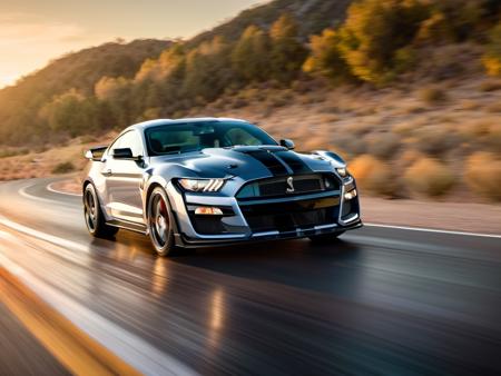 a sublime photo of mstgsgt500 car driving fast down the road, wet floor, golden hour