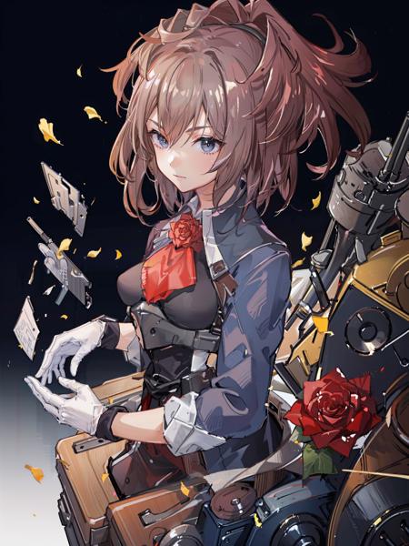 sheffield \(kancolle\) , 1girl, red flower, solo, red rose, flower, rose, gloves, white gloves, military, uniform, military uniform, red ascot, upper body, ascot, breasts, long sleeves, gradient background, closed mouth, gradient, medium breasts, original, intricate detail, illustration, masterpiece, extremely detailed CG unity 8k wallpaper, highlight, sharpening, dynamic,  <lora:Sheffield-2:0.5>