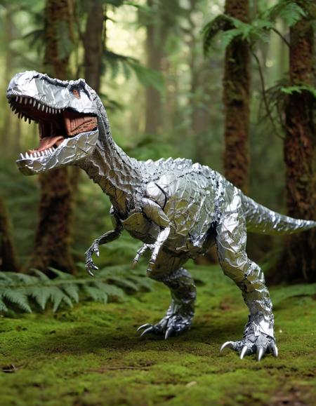 A fearsome Tyrannosaurus Rex, meticulously crafted from weathered and textured aluminum foil, emerges from a primeval jungle shrouded in verdant mist. Its colossal form, catching the dappled sunlight filtering through ancient ferns, reveals intricate hatching patterns mimicking the bark of colossal trees. In full body profile, the t-rex's powerful legs anchor it amidst the undergrowth, its massive tail trailing like a metallic river behind. From this side view, its razor-sharp teeth glint menacingly, hinting at the apex predator prowling this lost world. Though fashioned from humble aluminum, its presence commands respect and fear, a testament to the raw power that once ruled the earth.
 <lora:TinFoilXL:1>
 <lora:FILM_PHOTOGRAPHY_STYLE:.25>