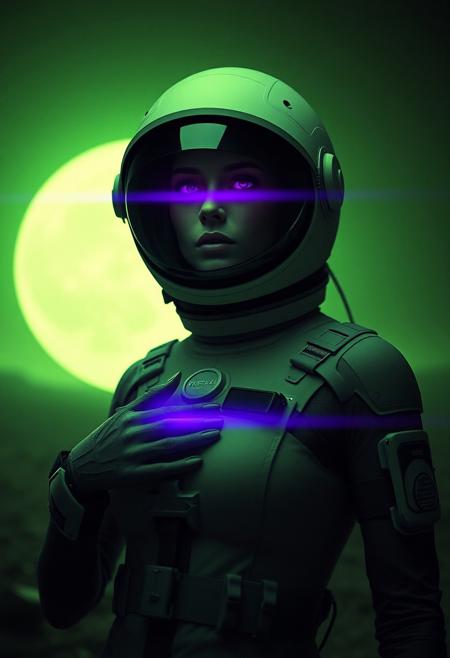 Upper Body Shot, serious woman, thin woman, dressed in an astronaut suit, ((purple eyes)), grabbing own breast, A Vintage Photo, Film grain n, partly monochrome, wide Angle, post-apocalyptic science fiction, Dead Moon Landscape, Forward cyberpunk Cyborg in darkness kurosawa, a purple beam light out of woman  chest, rays of green light from the eyes, purpel-green background nuclear sun 
