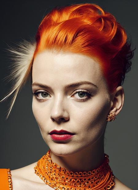 <lora:lora_anya_v1_from_v2_320:1> close up, portrait of zwx woman by Flora Borsi, style by Flora Borsi, bold, bright colours, orange Mohawk haircut, ((Flora Borsi))