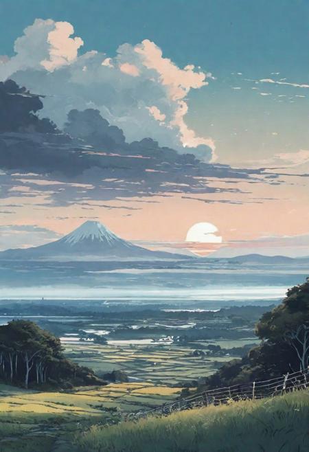 landscape, lo-fi style, epic, different bioms, horizon, different colours palette, pale colors, muted colors, vector, intricate details, highly detailed, soft, acryl, ink painting, strokes, blots, style of makoto shinkai