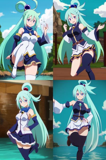 aqua \(konosuba\), mksks style, (very detailed background:1.0), (highly detailed background:1.0), {Masterpiece}, High Quality, 1girl, blue eyes, blue footwear, blue hair, blue thighhighs, blush, boots, breasts, bubble, detached sleeves, hair ornament, hair rings, leg up, long hair, looking at viewer, medium breasts, open hand, single hair ring, skirt, smile, solo, standing, standing on one leg, thigh boots, thighhighs, very long hair, water, white thighhighs, kono subarashii sekai ni shukufuku wo!, <lora:idatenstyle-any3-2-000016:1>