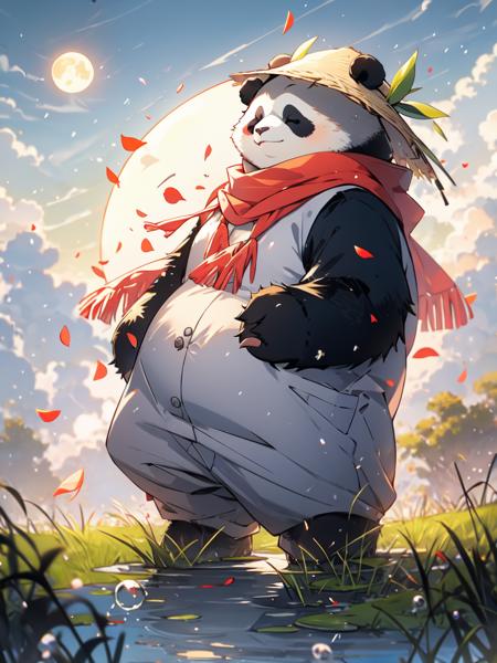 MG xiongmao,1 a chubby panda,sky,cloud,outdoors,solo,hat,furry,grass,leaf,closed eyes,cloudy sky,petals,standing,scarf,no humans,Moon,at the bottom of the water,Bubble,