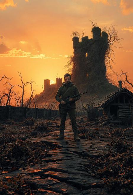As the sun sets over a war-torn countryside, a man stands alone on the remnants of an old homestead—its walls charred, its fields overgrown with twisted crops and jagged brambles. Behind him, a surreal fortress looms in skeletal ruin, its towers tangled in spidery filigree and covered in unnatural moss. The ground beneath his feet is cracked and littered with broken implements, yet his stance is proud, rifle at his side. The golden-pink sky floods the scene with warmth that belies its grotesque textures, and a subtle wind carries leaves and ash past his feet. This final stand feels personal, human, symbolic—etched in both memory and myth.