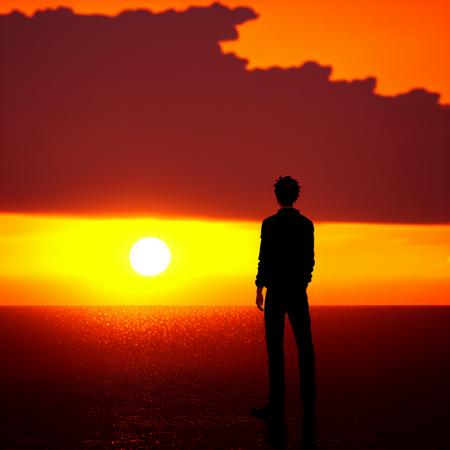 anime, bearded man looking at horizon with the sunset behind him and a red sun in background. digital art. 4 k. anime art. high quality. high resolution. highly detailed. dramatic. 8 k. 4 k. trending on artstation. beautiful. epic lighting. masterpiece. very very beautiful. cinematic. hyper realistic. dramatic. epic. 4 k. award winning. epic. dramatic. trending on art station. (to8highkey:1) <lora:to8sHighKeyLORASD21_sd21768:0.6>