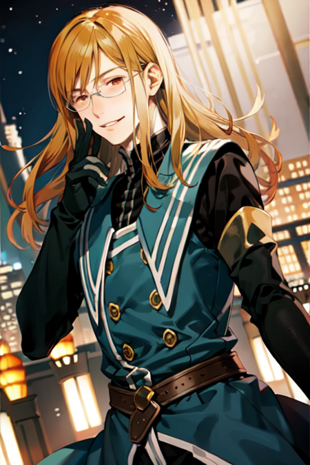 jadecurtiss, 1boy, male, solo, long hair, glasses, (((red eyes))), gloves, coat, cape, orange hair, smile