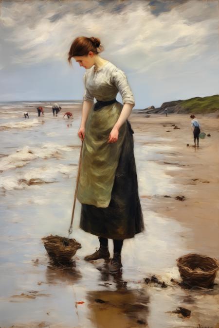 <lora:William McTaggart Style:1>William McTaggart Style - an oil painting of an young woman on an english beach. She is searching for crabs. oil painting in the style of constable