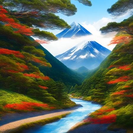 (meijijapan style:1) a river running through a forest next to a mountain <lora:djzMeijiJapanV21_LoraBooth:1>