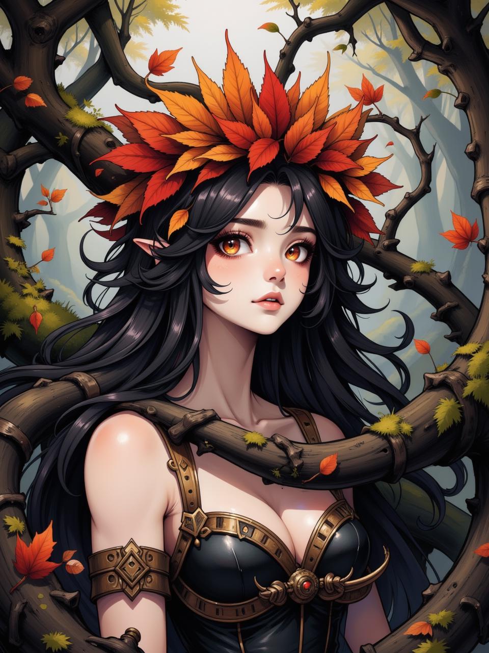 Close-up portpait. Elaborate fantasy scene featuring a figure entwined with dark, twisting branches and vibrant autumn leaves. The figure has long, flowing hair that blends seamlessly with the surrounding foliage. A crown made of red and orange leaves adorns the head, enhancing the ethereal quality of the setting. The skin is pale and contrasts beautifully with the dark branches and rich colors of the leaves. The background is a misty forest, with muted earthy tones and hints of soft green, creating a mystical atmosphere. The lighting is soft and diffused, adding to the dreamlike quality of the scene. The overall aesthetic leans towards hyperrealism, with intricate details in the texture of the hair, skin, and foliage, capturing a sense of enchantment and connection to nature. anime style colored rough ink sketch <lora:darksketch_flux:0.8> <lora:fca_style_32:0.6> <lora:Anime_detail_eye:0.7>