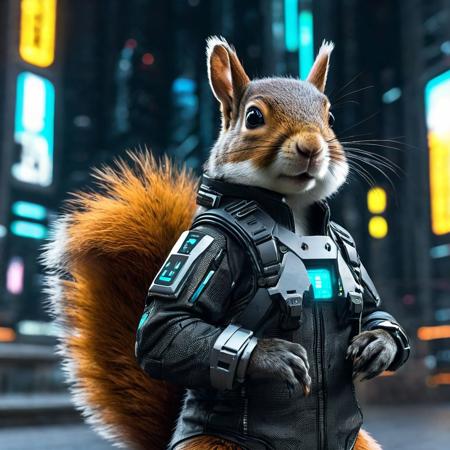Cyberpunk squirrel wearing futuristic cyberpunk clothes in cyberpunk squirrel city, score_9, score_8_up, score_7_up, score_6_up,