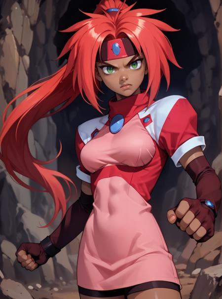 ShaylaEl source_anime, dark skinned girl red hair Ponytail anime hair headband with a blue stone in the middle green eyes red and pink outfit elbow gloves thigh socks