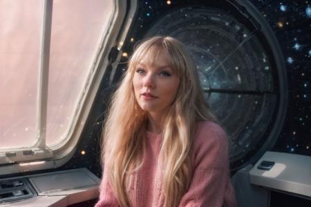 <lora:Taysway_V5-10:0.75> Taysway, Beautiful woman, long blonde hair, fringe, (inside space ship by window background), coffee, relaxed, RAW photo, dark shadows, cinematic, (pink lighting), wearing wooly jumper
