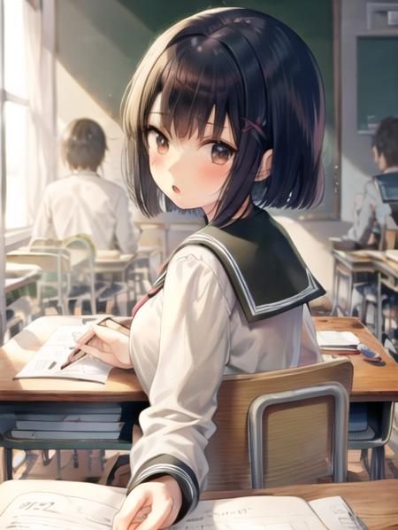 <lora:POVbackClass:0.7> POVbackClass, looking at viewer, blush, short hair, open mouth, bangs, multiple girls, skirt, brown hair, shirt, black hair, long sleeves, holding, brown eyes, sitting, school uniform, multiple boys, serafuku, solo focus, looking back, indoors, sailor collar, pov, chair, bob cut, desk, black serafuku, paper, clock, classroom, school desk, pencil, chalkboard, school chair, school, eraser