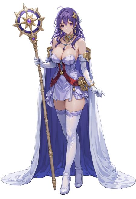 <lora:yukihiro_kajimoto_so2r_xl:1>, yurihiro_kajimoto, star ocean, star_ocean_the_second_story, celine_jules, 1girl, bare_shoulders, breasts, cape, cleavage, dress, earrings, elbow_gloves, gloves, high_heels, jewelry, long_hair, purple_hair, simple_background, solo, staff, standing, thighhighs, white_background, white_gloves, white stiletto heels, zettai_ryouiki, ((masterpiece, best quality))