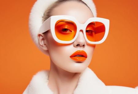 Highly stylized, close-up portrait of a person with a surreal, almost otherworldly appearance. Orange background. The subject has a smooth, white skin, with striking red lips that are glossy and well-defined. They are wearing large, white-framed sunglasses with orange-tinted lenses that cover a significant portion of their face, adding a bold contrast to the overall color scheme. The person has long, thick eyelashes and their facial features are sharp and symmetrical. They are also adorned in a white, fur-like garment that adds texture to the image. The overall aesthetic is futuristic and fashion-forward, with a strong emphasis on color contrast and smooth textures.