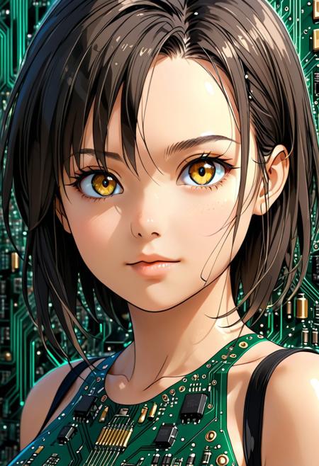 (masterpiece, 2.5D), (score_9, score_8_up, score_7_up,source_anime), (ultra-detailed,24K), best quality, CG, illustration, 
circuit board style, TzigoCBS, backlighting, close-up face focus,
1girl, ultra-detailed eyes, ultra-detailed background, YurYuna, stoic, upper body,