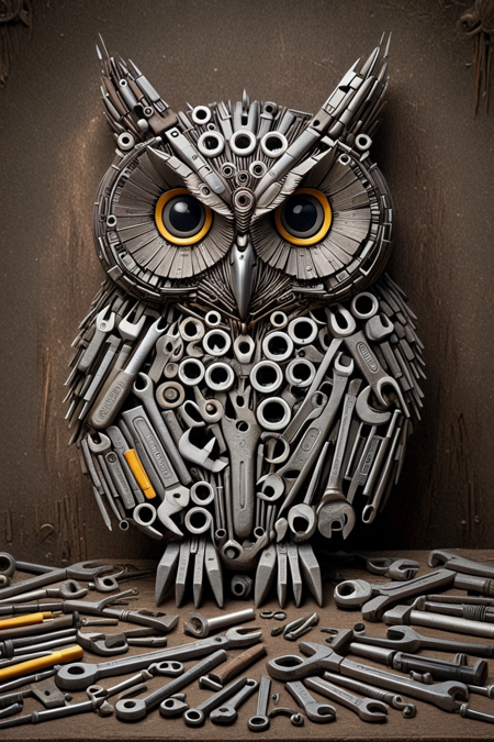an owl made of tools, cinematic photography <lora:tools-world-morph:1>