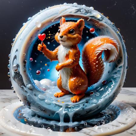(Liquid Marble Planet): "Astronaut made of Liquid Marble  floats toward a Liquid Marble black hole, surrounded by Liquid Marble drops and water sprinkles." (masterpiece, best quality), In a squirrels made of Liquid Marble exchange small souvenirs in the shape of hearts, happily chirping and pointing at their gifts.