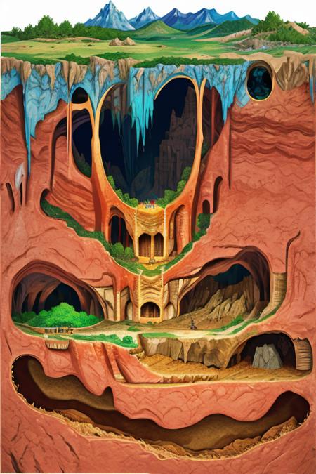 diagram of caves under a mountain, csu, cross-section, from the side, underground, burrow,  <lora:Cross_section_underground-000007:0.9>, fantasy landscape, national geographic, best quality, masterpiece, award winning photo,