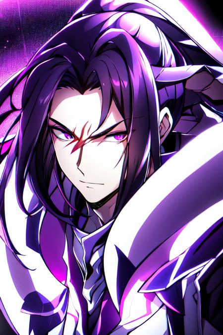 purple light, cinematic lighting, 1boy, best quality, reflective skin, reflective hair, masterpiece, highres, best quality, <lora:ArbiterVer1:1>