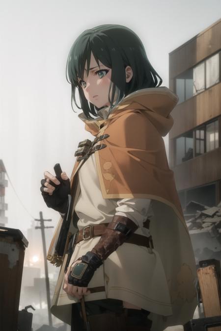 (masterpiece:1.1), (best quality:1.1), <lora:artkoikoi_LilyNier:0.9>, LilyNier, 1girl, solo, cowboy shot, breasts, cape, fingerless gloves, green eyes, wind, collapsed building in background, post-apocalyptic scenery