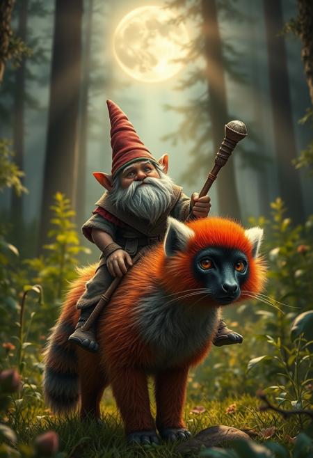(masterpiece hyperrealisitic, medium format camera shot, moon beams,  fantasy concept art 8k, high quality, detailing, textures)  A grumpy, seasoned gnome ranger riding a vibrant red-furred, lemur creature through a lush forest.