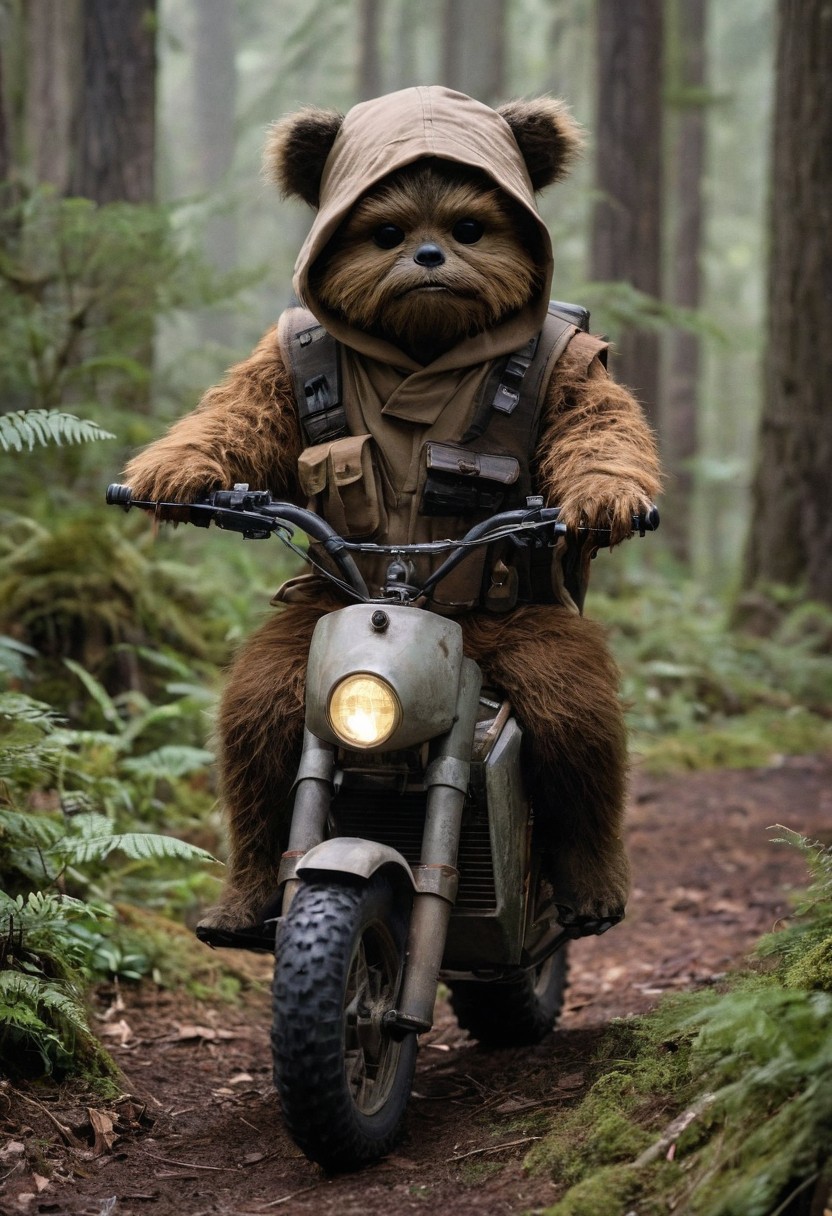 A full body photo of an Ewok on Endor, it's carrying an Uzi and riding an ATV, 
It looks cute and adorable yet fierce at the same time, The Ewok equivalent of Rambo, funny, 
highest quality, exceptional accuracy and realism,
