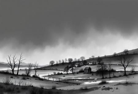 A gloomy and dark black and white watercolour lanscape of the desolate village, black background
