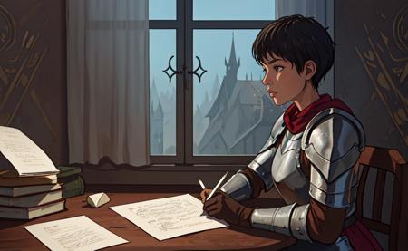 <lora:lofistudy:0.55>, lofistudy, 1girl, from side, writing, <lora:CascaV1:0.5>, casca \(berserk\), breastplate, brown gloves, thigh boots, shoulder armor, cape, pelvis curtain, pen, book, papers, parchment, quill, inkwell, stone, medieval, fantasy, berserk, day, window, medieval background