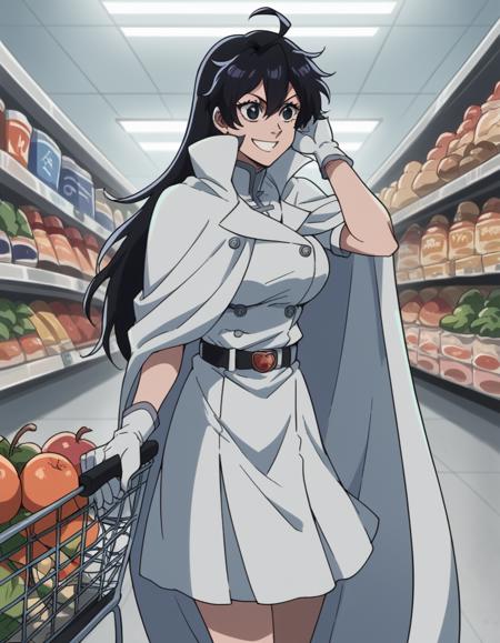 bambietta basterbine, long hair, black hair, black eyes, large breasts, skirt, gloves, belt, cape, cloak, white cloak,