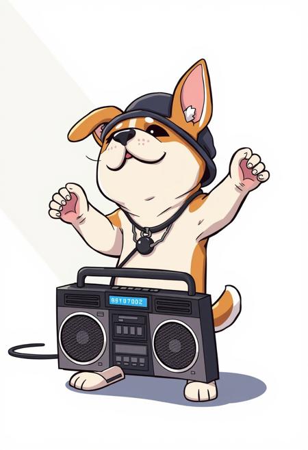 anime style, a dog break dancing with a boom box, chibi, breakdancing,