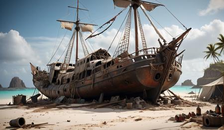 cinematic view of huge beached sailboat, broken grounded sailboat used as camp, (intricate debris all around:1.4), awnings, rum bottles hanging, dirty laundry to dry, on top of (paradise island:1.3), <lora:ScrapBuiltAI:0.75> scrapbuiltai, madmax style, postapocalyptic, ,sunny day, space opera,, shallow depth of field, vignette, highly detailed, high budget, bokeh, cinemascope, moody, epic, gorgeous, grainy, , 8k uhd, dslr, soft lighting, high quality, (film_grain:1.2), cinematic style, Leica M4,  50mm f/1.4 lens, f/2.8, ISO 400, 1/125 sec,