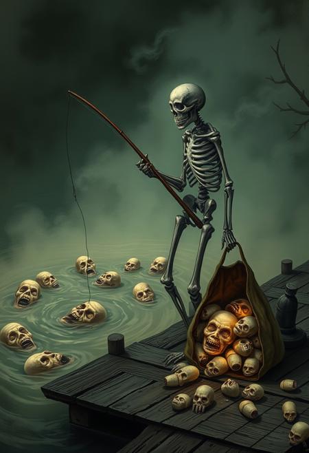 "Skeletal fisherman stands on a weathered dock in purgatory, fishing rod in hand, as he casts his line into a pool of swirling, ethereal mist. The water's surface is dotted with human faces, each contorted in agony and despair, as if the very essence of their souls has been distilled into these tiny, tortured visages. The fisherman's hook has snagged a particularly large soul, and he strains to reel it in, his bony fingers gripping the rod with a fierce determination. Beside him lies an open bag, overflowing with the glowing, misty forms of countless other souls he's collected, their faces frozen in perpetual torment. Style: haunting, atmospheric, and richly detailed, with a focus on capturing the eerie, otherworldly quality of the purgatorial landscape and the fisherman's macabre trade."