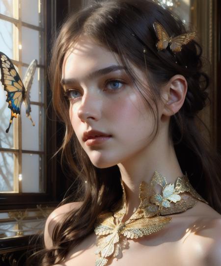 8k portrait of beautiful cyborg with brown hair, intricate, elegant, highly detailed, majestic, digital photography, art by artgerm and ruan jia and greg rutkowski surreal painting gold butterfly filigree, broken glass, (masterpiece, sidelighting, finely detailed beautiful eyes: 1.2), hdr