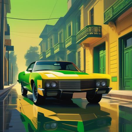 an image picture of a car in the street, yellow and light green, <lora:NeonifyV2-000003:1> |