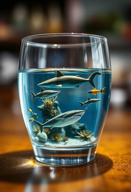 Depict a deeming micro ocean with sharks and other ocean life inside a glass of water on a table, shallow depth of field, realistic, photography, masterpiece.