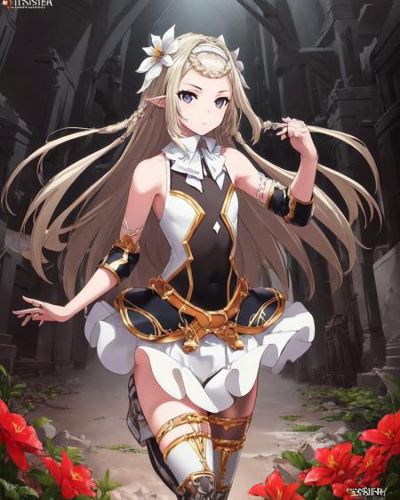 <lora:e7 Iseria3:0.7> e7 Iseria, gray eyes, flat chest, jumping at a flower field,
(masterpiece),  best quality, highres, 4k, 8k, Detailed Illustration, intricate detail, cinematic lighting, amazing quality, 1girl, fit female, amazing shading, soft lighting, facing camera, perfect eyes