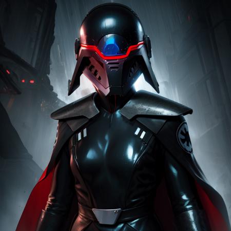 Trilla,standing,upper body,medium breasts, 
cape,helmet with red visor,armor,black gloves,tight bodysuit,black footwear,black cape,black pants, red lightsaber,holding weapon,
 raining,metal platform,night, (insanely detailed, beautiful detailed face, masterpiece, best quality),
 <lora:Trilla-10v5:1.0>