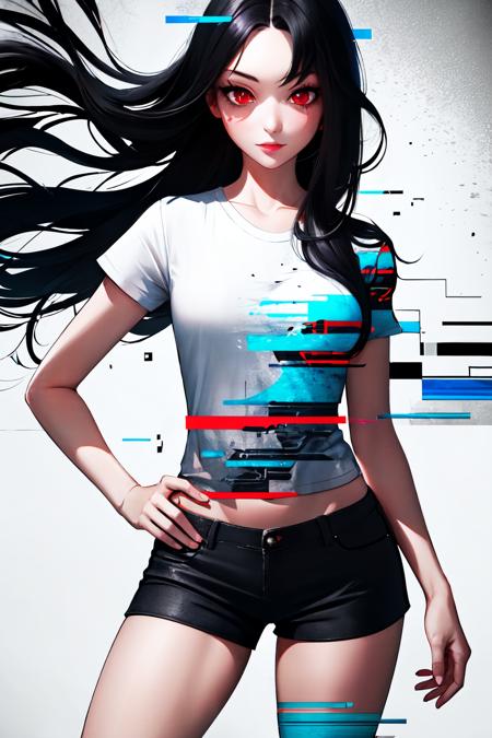 Highly detailed, High Quality, Masterpiece, beautiful, Glitching, glitch, <lora:Glitching:1>, 1girl, solo, red eyes, black hair, long hair, shirt, white shirt, shorts, short shorts, black shorts