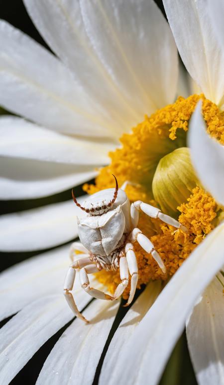 A white crab spider lies in wait for prey inside the bright white calyx of a flower,its legs positioned for an ambush around the yellow stamen., copy space, design template, breathtaking photograph, dramatic light, award-winning, professional, highly detailed . 35mm photograph, film, bokeh, professional, 4k ,minimalistic, daylight, warm atmosphere, <lora:add-detail-xl:1>, cinematic look, <lora:SDXLHighDetail:0.3>