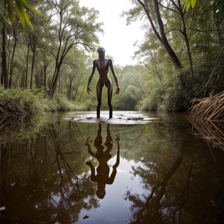 photograph of a thin lanky creature in the heart of a swamp, wildlife photography, solo, no humans, animal, hairless slimy amphiban ape with features of a salamander and a chameleon, bipedal, standing, legs submerged in water, long tongue out, centered