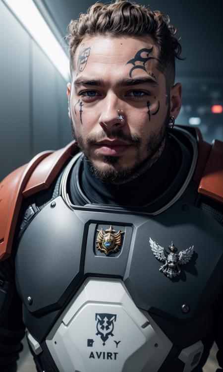 1man, face tattoo, grills, braces, short curly hair, detailed skin, writing on face, photorealistic, skin pore, 5 fingers, 8k, uhd, masterpiece, upper body, rapper, postym, Post Malone as space marine, beard, blue eyes, piercing, Warhammer 40k, action shot, armoured suit, sci fi, battlefield,