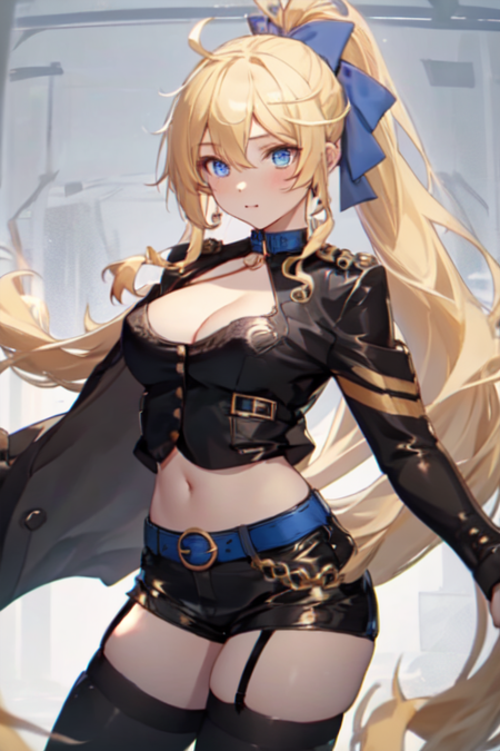 JunoEmmons, 1girl, solo, long hair, blue eyes, blonde hair, thighhighs, long sleeves, blue hair bow, navel, cleavage, medium breasts, very long hair, black jacket, crop top, ponytail, ahoge, short shorts, black shorts, midriff, belt, black thighhighs, short shorts, garter straps,