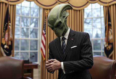 president cthulu in a sharp pin striped suit shaking hands in the oval office, real photograph