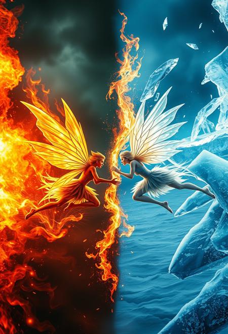 "Two fairies, one embodying fire and the other ice, clash in a spectacular display of elemental fury. The image is divided, with the left side engulfed in flames, fiery sparks and embers illuminating the darkening air. The fire fairy, wings ablaze, summons waves of flame to scorch her opponent. On the right, a frozen landscape stretches, frost covering every surface, as the ice fairy conjures icy shards and glaciers to shatter her foe. The two fairies meet in the center, their powers locked in a struggle that seems to tear the very fabric of reality apart. Style: dramatic, elemental, and symmetrical, with a focus on capturing the intense, opposing forces of fire and ice."
